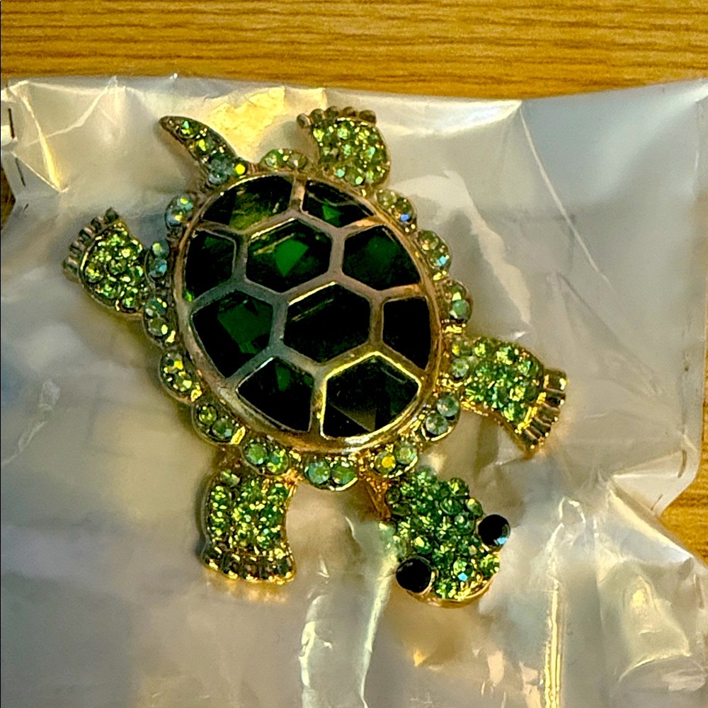 Green Turtle Brooch with Sparkling Accents